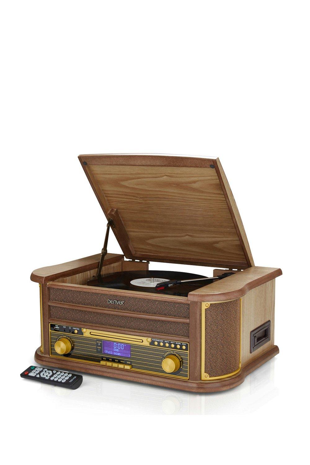 Denver 9-in-1 Retro Vintage Wooden Record Player with Speakers & Bluetooth 3 Speed Vinyl & Cassette with CD Player, DAB+ Radio|light brown